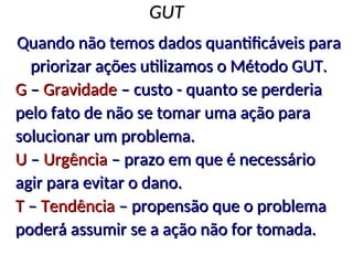 GUT
GUT
Quando não temos dados quantificáveis para
Quando não temos dados quantificáveis para
priorizar ações utilizamos o Método GUT.
priorizar ações utilizamos o Método GUT.
G
G –
– Gravidade
Gravidade – custo - quanto se perderia
– custo - quanto se perderia
pelo fato de não se tomar uma ação para
pelo fato de não se tomar uma ação para
solucionar um problema.
solucionar um problema.
U
U –
– Urgência
Urgência – prazo em que é necessário
– prazo em que é necessário
agir para evitar o dano.
agir para evitar o dano.
T
T –
– Tendência
Tendência – propensão que o problema
– propensão que o problema
poderá assumir se a ação não for tomada.
poderá assumir se a ação não for tomada.
 