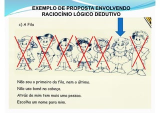 EXEMPLO DE PROPOSTA ENVOLVENDO
RACIOCÍNIO LÓGICO DEDUTIVO
 