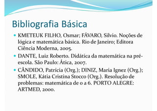 Bibliografia Básica
 KMETEUK FILHO, Osmar; FÁVARO, Silvio. Noções de
lógica e matemática básica. Rio de Janeiro; Editora
Ciência Moderna, 2005.
 DANTE, Luiz Roberto. Didática da matemática na pré-
escola. São Paulo: Ática, 2007.
 CÂNDIDO, Patrícia (Org.); DINIZ, Maria Ignez (Org.);
SMOLE, Kátia Cristina Stocco (Org.). Resolução de
problemas: matemática de 0 a 6. PORTO ALEGRE:
ARTMED, 2000.
 