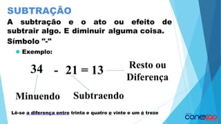 A subtração e o ato ou efeito de
subtrair algo. E diminuir alguma coisa.
Símbolo "-"
⚫ Exemplo:
34 - 21 = 13
Minuendo Subtraendo
Resto ou
Diferença
SUBTRAÇÃO
Lê-se a diferença entre trinta e quatro e vinte e um é treze
 