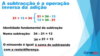 A subtracção é a operação
inversa da adição
Identidade fundamental da subtração
Numa subtração: 34 – 21 = 13
34 = 21 + 13
O minuendo é igual à soma do subtraendo
com a resto/diferença.
21 + 13 = 34
21 = 34 - 13
13 = 34 - 21
 