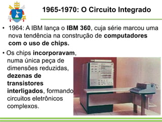 1965-1970: O Circuito Integrado
• 1964: A IBM lança o IBM 360, cuja série marcou uma
nova tendência na construção de computadores
com o uso de chips.
• Os chips incorporavam,
numa única peça de
dimensões reduzidas,
dezenas de
transistores
interligados, formando
circuitos eletrônicos
complexos.
 