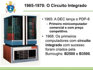 1965-1970: O Circuito Integrado
• 1965: A DEC lança o PDP-8
– Primeiro minicomputador
comercial e com preço
competitivo.
• 1968: Os primeiros
computadores com circuito
integrado com sucesso
foram criados pela
Burroughs: B2500 e B3500.
 