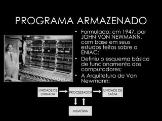 PROGRAMA ARMAZENADO Formulado, em 1947, por JOHN VON NEWMANN, com base em seus estudos feitos sobre o ENIAC; Definiu o esquema básico de funcionamento dos computadores; A Arquitetura de Von Newmann: UNIDADE DE ENTRADA MEMÓRIA UNIDADE DE SAÍDA PROCESSADOR 
