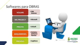 Softwares para OBRAS
• PINI
Sistemas
VOLARE
• Microsoft
MS PROJECT
• Arkisoft
PRESTO
• Multiplus
Softwares
Técnicos
ARQUIMEDES
• EngWhere
PREVISO
 
