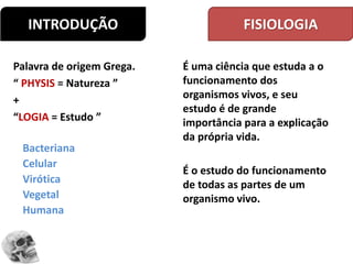 INTRODUÇÃO
Palavra de origem Grega.
“ PHYSIS = Natureza ”
+
“LOGIA = Estudo ”
É uma ciência que estuda a o
funcionamento dos
organismos vivos, e seu
estudo é de grande
importância para a explicação
da própria vida.
É o estudo do funcionamento
de todas as partes de um
organismo vivo.
FISIOLOGIA
Bacteriana
Celular
Virótica
Vegetal
Humana
 