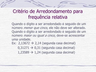 Critério de Arredondamento para
frequência relativa
Quando o dígito a ser arredondado é seguido de um
número menor que cinco, ele não deve ser alterado.
Quando o dígito a ser arredondado é seguido de um
número maior ou igual a cinco, deve-se acrescentar
uma unidade.
Ex: 2,13672  2,14 (segunda casa decimal)
0,31271  0,31 (segunda casa decimal)
1,23589  1,24 (segunda casa decimal)
 