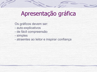 Apresentação gráfica
Os gráficos devem ser:
- auto-explicativos
- de fácil compreensão
- simples
- atraentes ao leitor e inspirar confiança
 