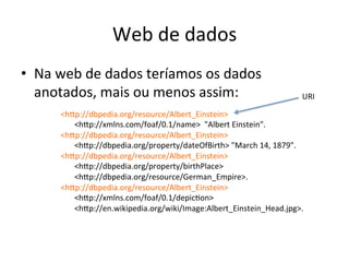 Web	
  de	
  dados	
  
•  Na	
  web	
  de	
  dados	
  teríamos	
  os	
  dados	
  	
  
anotados,	
  mais	
  ou	
  menos	
  assim:	
  
	
  
	
  
	
  
	
  
	
  
<hip://dbpedia.org/resource/Albert_Einstein>	
  
	
  	
  	
  	
  	
  	
  	
  <hip://xmlns.com/foaf/0.1/name>	
  	
  "Albert	
  Einstein".	
  
<hip://dbpedia.org/resource/Albert_Einstein>	
  
	
  	
  	
  	
  	
  	
  	
  <hip://dbpedia.org/property/dateOfBirth>	
  "March	
  14,	
  1879".	
  
<hip://dbpedia.org/resource/Albert_Einstein>	
  
	
  	
  	
  	
  	
  	
  	
  <hip://dbpedia.org/property/birthPlace>	
  
	
  	
  	
  	
  	
  	
  	
  <hip://dbpedia.org/resource/German_Empire>.	
  
<hip://dbpedia.org/resource/Albert_Einstein>	
  
	
  	
  	
  	
  	
  	
  	
  <hip://xmlns.com/foaf/0.1/depic7on>	
  
	
  	
  	
  	
  	
  	
  	
  <hip://en.wikipedia.org/wiki/Image:Albert_Einstein_Head.jpg>.	
  
URI	
  
 