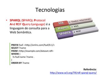 Tecnologias	
  
•  SPARQL	
  (SPARQL	
  Protocol	
  
And	
  RDF	
  Query	
  Language)	
  é	
  a	
  
linguagem	
  de	
  consulta	
  para	
  a	
  
Web	
  Semân7ca.	
  	
  
	
  
Referência:	
  	
  
hip://www.w3.org/TR/rdf-­‐sparql-­‐query/	
  	
  
PREFIX	
  foaf:	
  <hip://xmlns.com/foaf/0.1/>	
  
SELECT	
  ?name	
  
FROM	
  <hip://example.com/dataset.rdf>	
  
WHERE	
  {	
  
	
  	
  ?x	
  foaf:name	
  ?name	
  .	
  
}	
  
ORDER	
  BY	
  ?name	
  
 