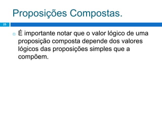 Proposições Compostas.
25
◻ É importante notar que o valor lógico de uma
proposição composta depende dos valores
lógicos das proposições simples que a
compõem.
 