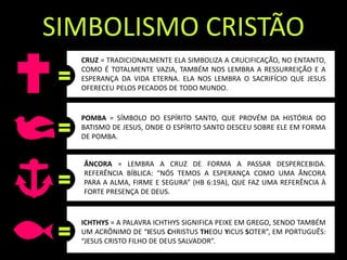 =
=
ICHTHYS = A PALAVRA ICHTHYS SIGNIFICA PEIXE EM GREGO, SENDO TAMBÉM
UM ACRÔNIMO DE “IESUS CHRISTUS THEOU YICUS SOTER”, EM PORTUGUÊS:
“JESUS CRISTO FILHO DE DEUS SALVADOR”.
SIMBOLISMO CRISTÃO
=
=
POMBA = SÍMBOLO DO ESPÍRITO SANTO, QUE PROVÉM DA HISTÓRIA DO
BATISMO DE JESUS, ONDE O ESPÍRITO SANTO DESCEU SOBRE ELE EM FORMA
DE POMBA.
CRUZ = TRADICIONALMENTE ELA SIMBOLIZA A CRUCIFICAÇÃO, NO ENTANTO,
COMO É TOTALMENTE VAZIA, TAMBÉM NOS LEMBRA A RESSURREIÇÃO E A
ESPERANÇA DA VIDA ETERNA. ELA NOS LEMBRA O SACRIFÍCIO QUE JESUS
OFERECEU PELOS PECADOS DE TODO MUNDO.
ÂNCORA = LEMBRA A CRUZ DE FORMA A PASSAR DESPERCEBIDA.
REFERÊNCIA BÍBLICA: “NÓS TEMOS A ESPERANÇA COMO UMA ÂNCORA
PARA A ALMA, FIRME E SEGURA” (HB 6:19A), QUE FAZ UMA REFERÊNCIA À
FORTE PRESENÇA DE DEUS.
 