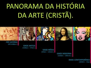 PANORAMA DA HISTÓRIA
DA ARTE (CRISTÃ).
PRÉ HISTÓRIA
(ATÉ 4.000a.C.)
IDADE ANTIGA
(4.000a.C. – 476d.C.)
IDADE MÉDIA
(476d.C. – 1453d.C.)
IDADE MODERNA
(1250d.C. – 1850 d.C.)
IDADE CONTEMPORÂNEA
(1850d.C. – Hoje)
 