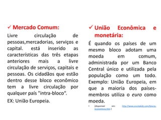 GEOGRAFIA , 2ª Série
A Formação de Blocos Regionais
 Mercado Comum:
Livre circulação de
pessoas,mercadorias, serviços e
capital. está inserido as
características das três etapas
anteriores mais a livre
circulação de serviços, capitais e
pessoas. Os cidadãos que estão
dentro desse bloco econômico
tem a livre circulação por
qualquer país "intra-bloco“.
EX: União Europeia.
 União Econômica e
monetária:
É quando os países de um
mesmo bloco adotam uma
moeda em comum,
administrada por um Banco
Central único e utilizada pela
população como um todo.
Exemplo: União Europeia, em
que a maioria dos países-
membros utiliza o euro como
moeda.
• (disponível em: http://www.escolakids.com/blocos-
economicos.htm )
 