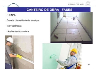 CANTEIRO DE OBRA - FASES
34
 FINAL
Grande diversidade de serviços:
•Revestimento;
•Acabamento da obra.
 