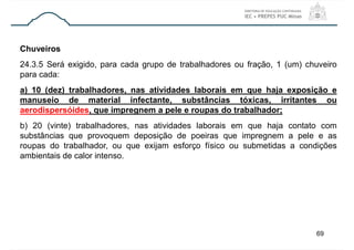69
Chuveiros
24.3.5 Será exigido, para cada grupo de trabalhadores ou fração, 1 (um) chuveiro
para cada:
a) 10 (dez) trabalhadores, nas atividades laborais em que haja exposição e
manuseio de material infectante, substâncias tóxicas, irritantes ou
aerodispersóides, que impregnem a pele e roupas do trabalhador;
b) 20 (vinte) trabalhadores, nas atividades laborais em que haja contato com
substâncias que provoquem deposição de poeiras que impregnem a pele e as
roupas do trabalhador, ou que exijam esforço físico ou submetidas a condições
ambientais de calor intenso.
 