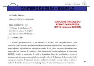87
CANTEIRO DE OBRA – EXEMPLO
DADOS RETIRADOS DO
PCMAT DA EMPRESA
(NR18 válida até 02/2021).
 