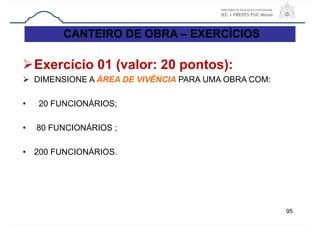 Exercício 01 (valor: 20 pontos):
 DIMENSIONE A ÁREA DE VIVÊNCIA PARA UMA OBRA COM:
• 20 FUNCIONÁRIOS;
• 80 FUNCIONÁRIOS ;
• 200 FUNCIONÁRIOS.
95
CANTEIRO DE OBRA – EXERCÍCIOS
 