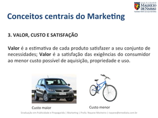 Conceitos 
centrais 
do 
Marke;ng 
3. 
VALOR, 
CUSTO 
E 
SATISFAÇÃO 
Valor 
é 
a 
es7ma7va 
de 
cada 
produto 
sa7sfazer 
a 
seu 
conjunto 
de 
necessidades; 
Valor 
é 
a 
sa7sfação 
das 
exigências 
do 
consumidor 
ao 
menor 
custo 
possível 
de 
aquisição, 
propriedade 
e 
uso. 
Custo 
maior 
Custo 
menor 
Graduação 
em 
Publicidade 
e 
Propaganda 
| 
Marke7ng 
| 
Profa. 
Nayane 
Monteiro 
| 
nayane@emediata.com.br 
 