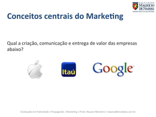 Conceitos 
centrais 
do 
Marke;ng 
Qual 
a 
criação, 
comunicação 
e 
entrega 
de 
valor 
das 
empresas 
abaixo? 
Graduação 
em 
Publicidade 
e 
Propaganda 
| 
Marke7ng 
| 
Profa. 
Nayane 
Monteiro 
| 
nayane@emediata.com.br 
 