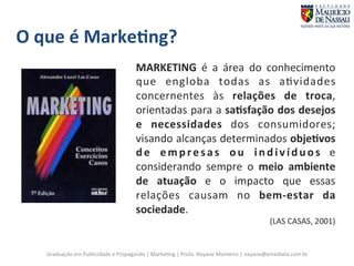 MARKETING 
é 
a 
área 
do 
conhecimento 
que 
engloba 
todas 
as 
a7vidades 
concernentes 
às 
relações 
de 
troca, 
orientadas 
para 
a 
sa;sfação 
dos 
desejos 
e 
necessidades 
dos 
consumidores; 
visando 
alcanças 
determinados 
obje;vos 
de 
empresas 
ou 
i n d i víduos 
Graduação 
em 
Publicidade 
e 
Propaganda 
| 
Marke7ng 
| 
Profa. 
Nayane 
Monteiro 
| 
nayane@emediata.com.br 
e 
considerando 
sempre 
o 
meio 
ambiente 
de 
atuação 
e 
o 
impacto 
que 
essas 
relações 
causam 
no 
bem-­‐estar 
da 
sociedade. 
(LAS 
CASAS, 
2001) 
O 
que 
é 
Marke;ng? 
 