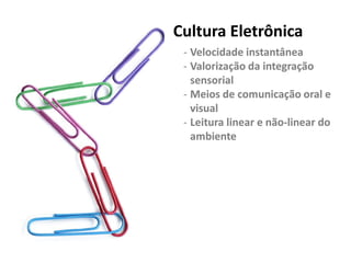 Cultura EletrônicaCultura Eletrônica
-- VelocidadeVelocidade instantâneainstantânea
-- Valorização da integraçãoValorização da integração
sensorialsensorial
-- Meios de comunicação oral eMeios de comunicação oral e
visualvisual
-- Leitura linear e nãoLeitura linear e não--linear dolinear do
ambienteambiente
MÍDIA IMÍDIA I
ambienteambiente
 