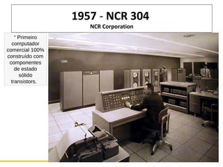 1957 - NCR 304
NCR Corporation

“ Primeiro
computador
comercial 100%
construído com
componentes
de estado
sólido
transistors. “

 