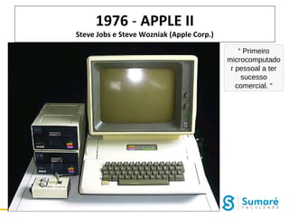 1976 - APPLE II

Steve Jobs e Steve Wozniak (Apple Corp.)
“ Primeiro
microcomputado
r pessoal a ter
sucesso
comercial. “

 