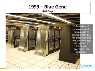 1999 – Blue Gene
IBM Corp

“ O Blue Gene é o
supercomputador
mais rápido do
mundo e tem 131
mil processadores
que permitem que
ele realize 280
trilhões de
operações por
segundo. “

 