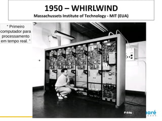 1950 – WHIRLWIND

Massachussets Institute of Technology - MIT (EUA)
“ Primeiro
computador para
processamento
em tempo real. ”

 