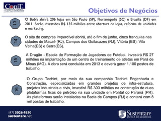 Objetivos de Negócios
          O Bob's abrirá 206 lojas em São Paulo (SP), Florianópolis (SC) e Brasília (DF) em
          2011. Serão investidos R$ 135 milhões entre abertura de lojas, reforma de unidades
          e marketing.

          O site de compras Imperdível abrirá, até o fim de junho, cinco franquias nas
          cidades de Macaé (RJ), Campos dos Goitacazes (RJ), Vitória (ES), Vila
          Velha(ES) e Serra(ES).

          A Dragão - Escola de Formação de Jogadores de Futebol, investirá R$ 27
          milhões na implantação de um centro de treinamento de atletas em Pará de
          Minas (MG). A obra será concluída em 2013 e deverá gerar 1.100 postos de
          trabalho.

           O Grupo Techint, por meio da sua companhia Techint Engenharia e
           Construção, especializadas em grandes projetos de infra-estrutura,
           projetos industriais e civis, investirá R$ 300 milhões na construção de duas
           plataformas fixas de petróleo na sua unidade em Pontal do Paraná (PR).
           As plataformas serão instaladas na Bacia de Campos (RJ) e contará com 8
           mil postos de trabalho.

(47) 3026 4950
sustentare.net
 