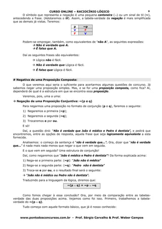 CURSO ONLINE – RACIOCÍNIO LÓGICO
www.pontodosconcursos.com.br - Prof. Sérgio Carvalho & Prof. Weber Campos
9
O símbolo que representa a negação é uma pequena cantoneira (¬) ou um sinal de til (~),
antecedendo a frase. (Adotaremos o til). Assim, a tabela-verdade da negação é mais simplificada
que as demais já vistas. Teremos:
p ~p
V F
F V
Podem-se empregar, também, como equivalentes de "não A", as seguintes expressões:
Não é verdade que A.
É falso que A.
Daí as seguintes frases são equivalentes:
Lógica não é fácil.
Não é verdade que Lógica é fácil.
É falso que Lógica é fácil.
# Negativa de uma Proposição Composta:
O que veremos aqui seria o suficiente para acertarmos algumas questões de concurso. Já
sabemos negar uma proposição simples. Mas, e se for uma proposição composta, como fica? Aí,
dependerá de qual é a estrutura em que se encontra essa proposição.
Veremos, pois, uma a uma:
Negação de uma Proposição Conjuntiva: ~(p e q)
Para negarmos uma proposição no formato de conjunção (p e q), faremos o seguinte:
1) Negaremos a primeira (~p);
2) Negaremos a segunda (~q);
3) Trocaremos e por ou.
E só!
Daí, a questão dirá: “Não é verdade que João é médico e Pedro é dentista”, e pedirá que
encontremos, entre as opções de resposta, aquela frase que seja logicamente equivalente a esta
fornecida.
Analisemos: o começo da sentença é “não é verdade que...”. Ora, dizer que “não é verdade
que...” é nada mais nada menos que negar o que vem em seguida.
E o que vem em seguida? Uma estrutura de conjunção!
Daí, como negaremos que “João é médico e Pedro é dentista”? Da forma explicada acima:
1) Nega-se a primeira parte: (~p): “João não é médico”
2) Nega-se a segunda parte: (~q): “Pedro não é dentista”
3) Troca-se e por ou, e o resultado final será o seguinte:
“João não é médico ou Pedro não é dentista”.
Traduzindo para a linguagem da lógica, diremos que:
~(p ∧ q) = ~p ∨ ~q
Como fomos chegar à essa conclusão? Ora, por meio da comparação entre as tabelas-
verdade das duas proposições acima. Vejamos como foi isso. Primeiro, trabalhemos a tabela-
verdade do ~(p ∧ q).
Tudo começa com aquele formato básico, que já é nosso conhecido:
 