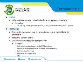Terminologia
 Dado
 Informação que será trabalhada durante o processamento
 Exemplos
 10 (idade), 12 x 8 (pressão arterial), 1.99 (altura em metros), Maria (nome)
 Instrução
 Operação elementar que o computador tem a capacidade de
processar
 Trabalha com os dados
 Ordens executadas pelo computador
 Exemplos
 instruções para entrada e saída (E/S) de dados
 instrução de movimentação de dados (transferência)
 instruções aritméticas
 instrução de comparação
 etc
 