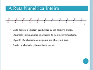 A Reta Numérica Inteira
• Cada ponto é a imagem geométrica de um número inteiro.
• O número inteiro chama-se abscissa do ponto correspondente.
• O ponto O é chamado de origem e sua abscissa é zero.
• A reta r é chamada reta numérica inteira.
 