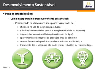 Página  14
Desenvolvimento Sustentável
Para as organizações:
– Como incorporaram o Desenvolvimento Sustentável:
• Promovendo mudanças nos seus processos através de:
» eficiência no uso de insumos na produção;
» substituição de matériais primas e energia (toxicidade ou escassez);
» reaproveitamento de matérias primas (re-uso de água);
» aproveitamento de rejeitos de produção e/ou de consumo;
» desenvolvimento de produtos com bons atributos ambientais; e
» tratamento dos rejeitos que não puderem ser reduzidos ou reaproveitados.
 