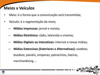 Meios x Veículos
•   Meio: é a forma que a comunicação será transmitida;

•   Veículo: é a segmentação do meio;

    – Mídias Impressas: jornal e revista;

    – Mídias Eletrônica: rádio, televisão e cinema;

    – Mídias Digitais ou Interativas: internet e novas mídias;

    – Mídias Extensivas (Exteriores e Alternativas): outdoor,
       busdoor, painéis, empenas; patrocínios, lixeiras,
       merchandising ...
 