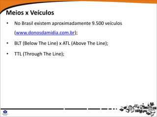Meios x Veículos
•   No Brasil existem aproximadamente 9.500 veículos
    (www.donosdamidia.com.br);

•   BLT (Below The Line) x ATL (Above The Line);

•   TTL (Through The Line);
 