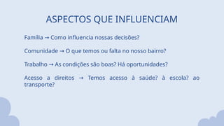 ASPECTOS QUE INFLUENCIAM
Família Como influencia nossas decisões?
→
Comunidade O que temos ou falta no nosso bairro?
→
Trabalho As condições são boas? Há oportunidades?
→
Acesso a direitos Temos acesso à saúde? à escola? ao
→
transporte?
 