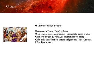 Gregos

O Universo surgiu do caos
Nasceram a Terra (Gaia) e Eros;
O Caos gerou a noite, que por conseguinte gerou o dia;
Gaia criou o céu (Urano), as montanhas e o mar;
Gaia uniu-se a Urano e deram origem aos Titãs, Cronos,
Réia. Têmis, etc...

 