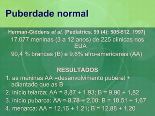 Puberdade normal
 Herman-Giddens et al. (Pediatrics, 99 (4): 505-512, 1997)
  17.077 meninas (3 a 12 anos) de 225 clínicas nos
                         EUA
  90,4 % brancas (B) e 9,6% afro-americanas (AA)

                     RESULTADOS
1. as meninas AA =desenvolvimento puberal +
  adiantado que as B
2. início telarca: AA = 8,87 + 1,93; B = 9,96 + 1,82
3. início pubarca: AA = 8,78 + 2,00; B = 10,51 + 1,67
4. menarca: AA = 12,16 + 1,21; B = 12,88 + 1,20
 