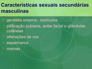 Características sexuais secundárias
masculinas
•   genitália externa - testículos
•   pilificação pubiana, axilar,facial e glândulas
    cutâneas
•   alterações da voz
•   espermarca
•   mamas
 