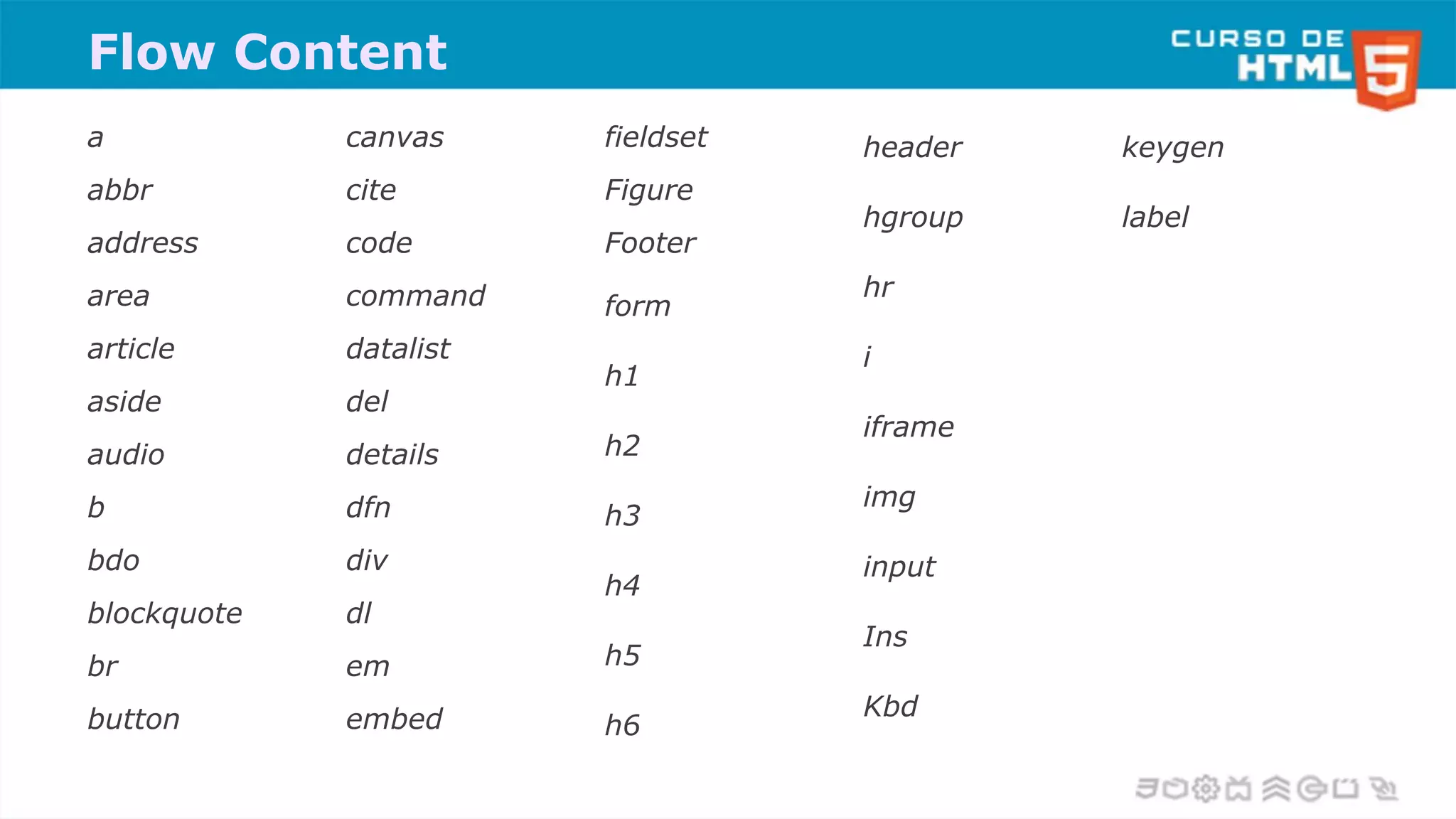 Flow Content
a
abbr
address
area
article
aside
audio
b
bdo
blockquote
br
button
canvas
cite
code
command
datalist
del
details
dfn
div
dl
em
embed
fieldset
Figure
Footer
form
h1
h2
h3
h4
h5
h6
header
hgroup
hr
i
iframe
img
input
Ins
Kbd
keygen
label
 