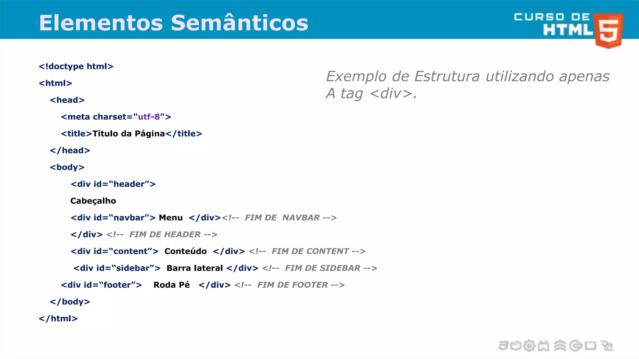 Elementos Semânticos
<!doctype html>
<html>
<head>
<meta charset="utf-8">
<title>Titulo da Página</title>
</head>
<body>
<div id=“header”>
Cabeçalho
<div id=“navbar”> Menu </div><!-- FIM DE NAVBAR -->
</div> <!-- FIM DE HEADER -->
<div id=“content”> Conteúdo </div> <!-- FIM DE CONTENT -->
<div id=“sidebar”> Barra lateral </div> <!-- FIM DE SIDEBAR -->
<div id=“footer”> Roda Pé </div> <!-- FIM DE FOOTER -->
</body>
</html>
Exemplo de Estrutura utilizando apenas
A tag <div>.
 