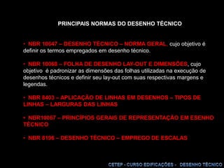 PRINCIPAIS NORMAS DO DESENHO TÉCNICO•  NBR 10647 – DESENHO TÉCNICO – NORMA GERAL, cujo objetivo é definir os termos empregados em desenho técnico. •  NBR 10068 – FOLHA DE DESENHO LAY-OUT E DIMENSÕES, cujo objetivo  é padronizar as dimensões das folhas utilizadas na execução de desenhos técnicos e definir seu lay-out com suas respectivas margens e legendas.  •  NBR 8403 – APLICAÇÃO DE LINHAS EM DESENHOS – TIPOS DE LINHAS – LARGURAS DAS LINHAS •  NBR10067 – PRINCÍPIOS GERAIS DE REPRESENTAÇÃO EM ESENHO TÉCNICO •  NBR 8196 – DESENHO TÉCNICO – EMPREGO DE ESCALAS 