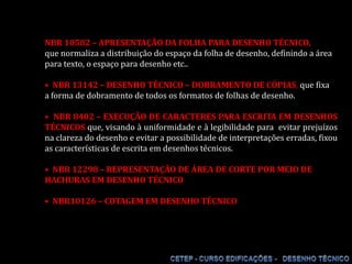 NBR 10582 – APRESENTAÇÃO DA FOLHA PARA DESENHO TÉCNICO,  que normaliza a distribuição do espaço da folha de desenho, definindo a área para texto, o espaço para desenho etc.. •  NBR 13142 – DESENHO TÉCNICO – DOBRAMENTO DE CÓPIAS, que fixa a forma de dobramento de todos os formatos de folhas de desenho.•  NBR 8402 – EXECUÇÃO DE CARACTERES PARA ESCRITA EM DESENHOS TÉCNICOS que, visando à uniformidade e à legibilidade para  evitar prejuízos na clareza do desenho e evitar a possibilidade de interpretações erradas, fixou as características de escrita em desenhos técnicos. •  NBR 12298 – REPRESENTAÇÃO DE ÁREA DE CORTE POR MEIO DE HACHURAS EM DESENHO TÉCNICO •  NBR10126 – COTAGEM EM DESENHO TÉCNICO 