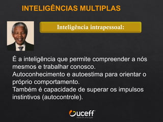 É a inteligência que permite compreender a nós
mesmos e trabalhar conosco.
Autoconhecimento e autoestima para orientar o
próprio comportamento.
Também é capacidade de superar os impulsos
instintivos (autocontrole).
Inteligência intrapessoal:
INTELIGÊNCIAS MULTIPLAS
 