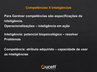 Competências X Inteligências
Para Gardner competências são especificações da
inteligência.
Operacionalizações – inteligência em ação
Inteligência: potencial biopsicológico – resolver
Problemas
Competência: atributo adquirido – capacidade de usar
as inteligências
 