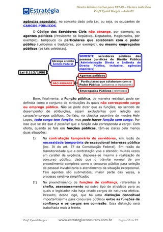 Direito Administrativo para TRT-RJ – Técnico Judiciário
Profº Cyonil Borges – Aula 01
agências especiais), no conceito dado pela Lei, ou seja, os ocupantes de
CARGOS PÚBLICOS.
O Código dos Servidores Civis não abrange, por exemplo, os
agentes políticos (Presidente da República, Deputados, Magistrados, por
exemplo), tampouco os particulares que colaboram com o poder
público (Leiloeiros e tradutores, por exemplo), ou mesmo empregados
públicos (os tais celetistas).

Bom, finalmente, a Função pública, de maneira residual, pode ser
definida como o conjunto de atribuições às quais não corresponde cargo
ou emprego público. Não se pode dizer que as funções, no sentido de
desempenho de atribuições, sejam excludentes com relação aos
cargos/empregos públicos. De fato, na clássica assertiva do mestre Hely
Lopes, todo cargo tem função, mas pode haver função sem cargo. Por
isso que se diz que é possível que a função não corresponda a cargo. Com
efeito, quando se fala em funções públicas, têm-se claras pelo menos
duas situações:
I)

Na contratação temporária de servidores, em razão de
necessidade temporária de excepcional interesse público
(inc. IX do art. 37 da Constituição Federal). Em razão da
transitoriedade que a contratação visa a atender, muitas vezes
em caráter de urgência, dispensa-se mesmo a realização de
concurso público, dado que o trâmite normal de um
procedimento complexo como o concurso público para seleção
de pessoal inviabilizaria o atendimento da situação excepcional.
Tais agentes são submetidos, maior parte das vezes, a
processo seletivo simplificado;

II)

No preenchimento de funções de confiança, referentes à
chefia, assessoramento ou outro tipo de atividade para as
quais o legislador não haja criado cargos de natureza efetiva.
Ressalto, desde logo, que há uma distinção conceitual
importantíssima para concursos públicos entre as funções de
confiança e os cargos em comissão. Essa distinção será
trabalhada mais à frente.

Prof. Cyonil Borges

www.estrategiaconcursos.com.br

Página 10 de 77

 