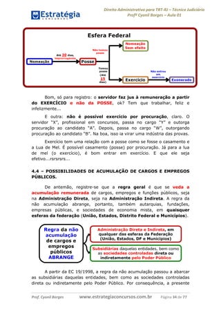 Direito Administrativo para TRT-RJ – Técnico Judiciário
Profº Cyonil Borges – Aula 01

Bom, só para registro: o servidor faz jus à remuneração a partir
do EXERCÍCIO e não da POSSE, ok? Tem que trabalhar, feliz e
infelizmente...
E outra: não é possível exercício por procuração, claro. O
servidor “X”, profissional em concursos, passa no cargo “Y” e outorga
procuração ao candidato “A”. Depois, passa no cargo “W”, outorgando
procuração ao candidato “B”. Na boa, isso ia virar uma indústria das provas.
Exercício tem uma relação com a posse como se fosse o casamento e
a Lua de Mel. É possível casamento (posse) por procuração. Já para a lua
de mel (o exercício), é bom entrar em exercício. E que ele seja
efetivo...rsrsrsrs...
4.4 – POSSIBILIDADES DE ACUMULAÇÃO DE CARGOS E EMPREGOS
PÚBLICOS.
De antemão, registre-se que a regra geral é que se veda a
acumulação remunerada de cargos, empregos e funções públicos, seja
na Administração Direta, seja na Administração Indireta. A regra da
não acumulação abrange, portanto, também autarquias, fundações,
empresas públicas, e sociedades de economia mista, em quaisquer
esferas da federação (União, Estados, Distrito Federal e Municípios).

A partir da EC 19/1998, a regra da não acumulação passou a abarcar
as subsidiárias daquelas entidades, bem como as sociedades controladas
direta ou indiretamente pelo Poder Público. Por consequência, a presente
Prof. Cyonil Borges

www.estrategiaconcursos.com.br

Página 34 de 77

 