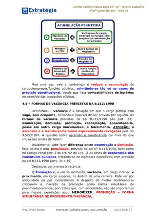 Direito Administrativo para TRT-RJ – Técnico Judiciário
Profº Cyonil Borges – Aula 01

Mais uma vez, vale a lembrança: é vedada a acumulação de
cargos/empregos/funções públicos, admitindo-se tão só os casos de
previsão constitucional, desde que haja compatibilidade de horários
no exercício das ocupações públicas.
4.5 – FORMAS DE VACÂNCIA PREVISTAS NA 8.112/1990
DEFININDO... Vacância é a situação em que o cargo público está
vago, sem ocupante, tornando-o passível de ser provido por alguém. As
formas de vacância previstas na Lei 8.112/1990 são (art. 33):
exoneração, demissão, promoção, readaptação, aposentadoria,
posse em outro cargo inacumulável e falecimento. ATENÇÃO: a
ascensão e a transferência foram expressamente revogadas pela Lei
9.527/1997. A questão sobre ascensão e transferência cai mais do que
chuva nas tardes de Belém!
Inicialmente, cabe fazer diferença entre exoneração e demissão.
Esta última é uma penalidade, prevista na Lei nº 8.112/1990, bem como
no Código Penal (inc. I do art. 92 do CP). Já os casos de exoneração não
constituem punições, tratando-se de hipóteses específicas, com previsão
na Lei 8.112/1990 (arts. 34 e 35).
Destaques pertinentes à vacância:
I) Promoção é, a um só momento, vacância, em cargo inferior, e
provimento, em cargo superior, no âmbito de uma carreira. Pode ser por
antiguidade ou por merecimento. A despeito de muitos doutrinadores
criticarem a inserção da promoção como forma simultânea de
provimento/vacância, por razões que, com sinceridade, não são importantes
para nossas exposições aqui, MEMORIZEM: PROMOÇÃO – FORMA
SIMULTÂNEA DE PROVIMENTO/VACÂNCIA;

Prof. Cyonil Borges

www.estrategiaconcursos.com.br

Página 38 de 77

 